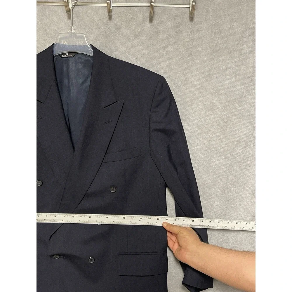 Perry Ellis Suit Men 42R Navy Striped Double Breasted Wool 36x32 Pants Luxury